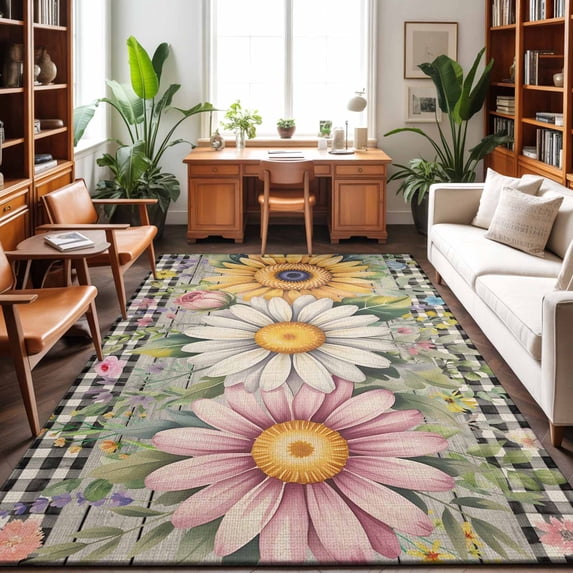 Large Area Rugs 9'x12', Vintage Daisy Floral Carpet Runner Indoor Outdoor Rugs Home Decor Aesthetic, Spring Flowers Botanical Leaves Checkered Wooden Non Slip Mats Accent Rug for Living Room Bedroom