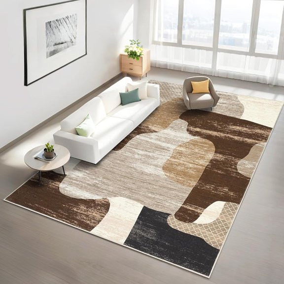Large Area Rugs 9x12 Machine Washable Contemporary Dining Room Rugs, Non-Shedding Modern Accent Carpet, Easy Cleaning Thin Floor Mats for Living Room, Office, Kitchen, Brown
