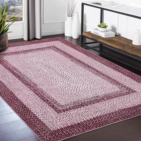 Large Area Rugs for Living Room 10x13 Washable Rug Modern Braided Print Accent Carpet Non Slip Low Pile Soft Rug Indoor Farmhouse Rustic Floor Cover for Bedroom Dining Room Office Pink