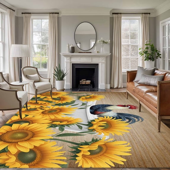 Large Area Rugs for Living Room Bedroom, Bathing Roosters 5'x8' Rug Washable Carpet Runner Indoor Outdoor, Countryside Sunflower Vintage Burlap Non Slip Floor Mats Rug for Kitchen, Bathroom