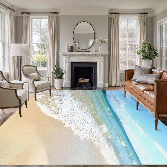Large Area Rugs for Living Room Bedroom, Beach Ocean 5'x8' Rug Washable Carpet Runner Indoor Outdoor, Nature Sand Sky Cloudy Sea Waves Landscape Non Slip Floor Mats Rug for Kitchen, Bathroom
