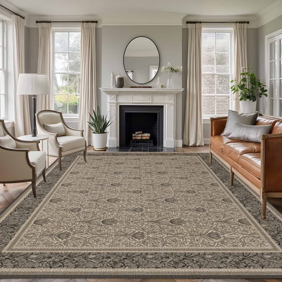 Large Area Rugs for Living Room Bedroom, Beige Boho 6'x9' Rug Washable Carpet Runner Indoor Outdoor, Vintage Floral Abstract Art Ethic Tribe Non Slip Floor Mats Rug for Kitchen, Playroom