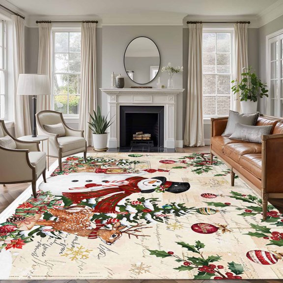 Large Area Rugs for Living Room Bedroom, Beige Christmas Snowman 5'x8' Rug Washable Carpet Runner Indoor Outdoor, Xmas Snowflake Elk Tree Balls Non Slip Floor Mats Rug for Kitchen, Bathroom