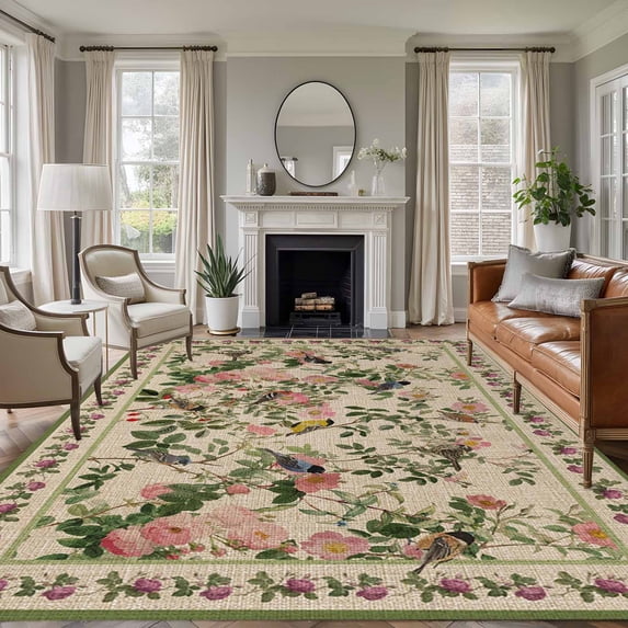 Large Area Rugs for Living Room Bedroom, Beige Spring Floral 8'x10' Rug Washable Carpet Runner Indoor Outdoor, Elegant Pastoral Flowers Birds Watercolor Non Slip Floor Mats Rug for Kitchen, Patio