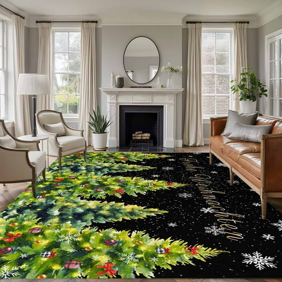 Large Area Rugs for Living Room Bedroom, Black Christmas Tree 8'x10' Rug Washable Carpet Runner Indoor Outdoor, Xmas Tree Snowflake Winter Holiday Non Slip Floor Mats Rug for Kitchen, Patio