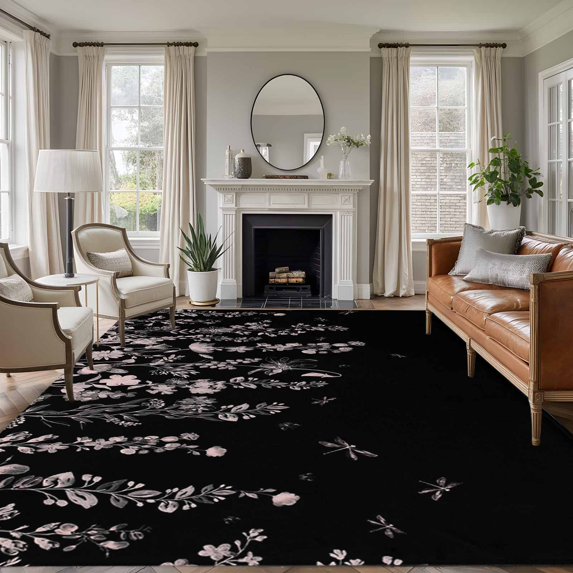 Large Area Rugs for Living Room Bedroom, Black Floral 5'x8' Rug Washable Carpet Runner Indoor Outdoor, Elegant Pastoral Flowers Farmhouse Non Slip Floor Mats Rug for Kitchen, Bathroom