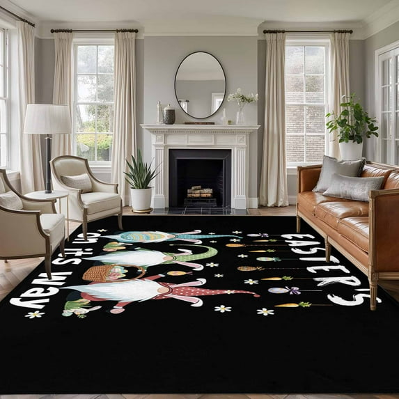 Large Area Rugs for Living Room Bedroom, Black Gnomes Easter 8'x10' Rug Washable Carpet Runner Indoor Outdoor, Eggs Botanical Carrot Pastoral Non Slip Floor Mats Rug for Kitchen, Patio