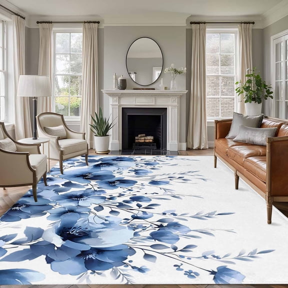 Large Area Rugs for Living Room Bedroom, Blue Blooms Floral 8'x10' Rug Washable Carpet Runner Indoor Outdoor, Farmhouse Spring Flowers Botanical Non Slip Floor Mats Rug for Kitchen, Patio