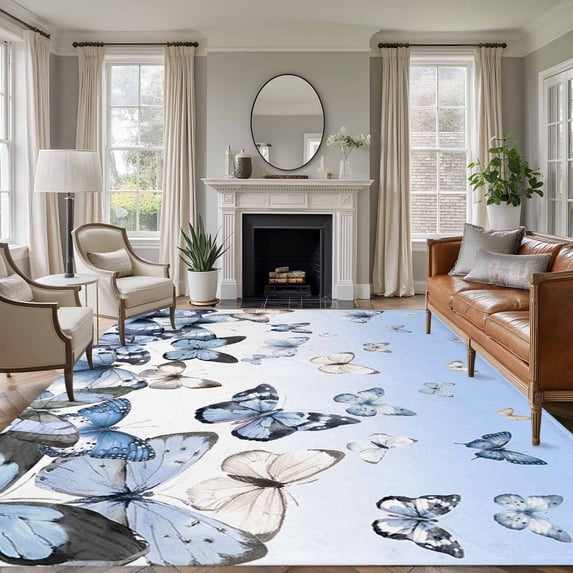 Large Area Rugs for Living Room Bedroom, Blue Butterflies 5'x8' Rug Washable Carpet Runner Indoor Outdoor, Elegant Pastoral Watercolor Non Slip Floor Mats Rug for Kitchen, Bathroom