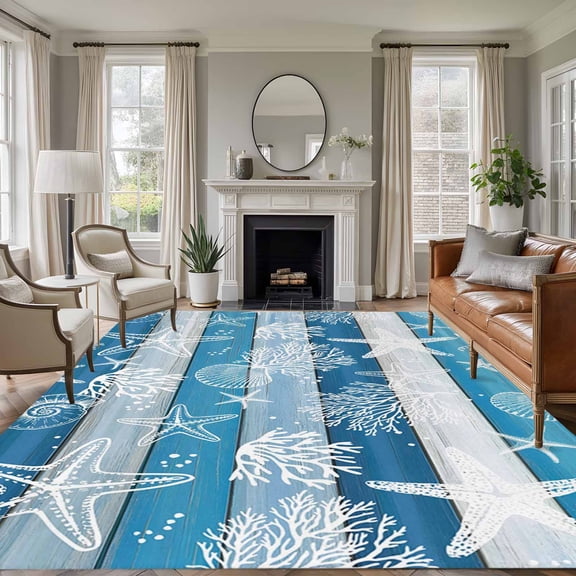 Large Area Rugs for Living Room Bedroom, Blue Coastal Beach 8'x10' Rug Washable Carpet Runner Indoor Outdoor, Nautical Starfish Coral Vintage Wooden Non Slip Floor Mats Rug for Kitchen, Patio
