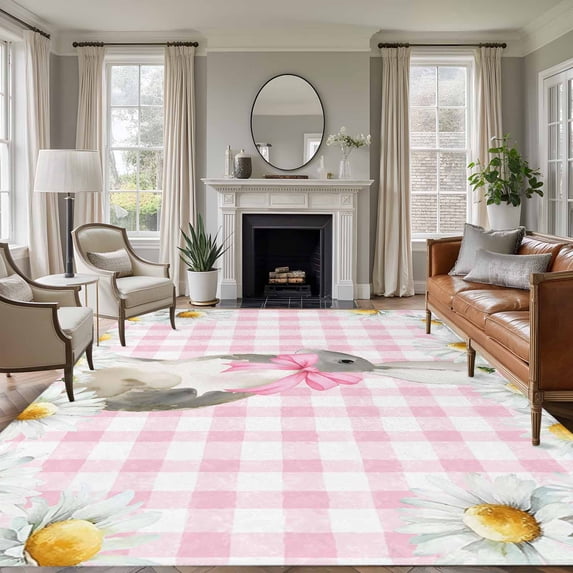 Large Area Rugs for Living Room Bedroom, Blue Easter Bunny 6'x9' Rug Washable Carpet Runner Indoor Outdoor, Spring Daisy Modern Pink Buffalo Plaid Non Slip Floor Mats Rug for Kitchen, Playroom