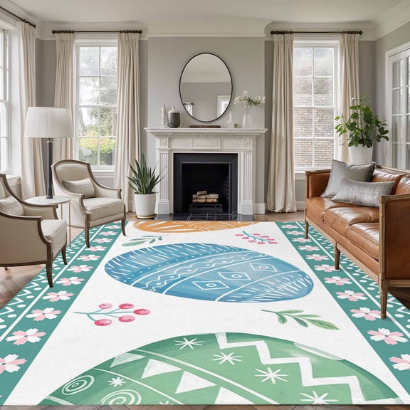 Large Area Rugs for Living Room Bedroom, Blue Eggs Easter 6'x9' Rug Washable Carpet Runner Indoor Outdoor, Pink Spring Floral Elegant Pastoral Non Slip Floor Mats Rug for Kitchen, Playroom
