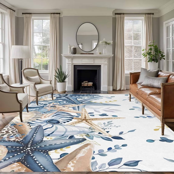 Large Area Rugs for Living Room Bedroom, Blue Eucalyptus Coastal 6'x9' Rug Washable Carpet Runner Indoor Outdoor, Beach Starfish Shell Nautical Non Slip Floor Mats Rug for Kitchen, Playroom