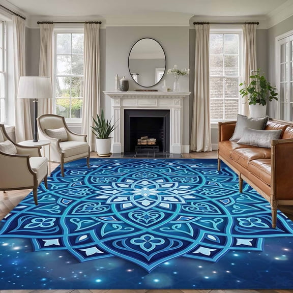 Large Area Rugs for Living Room Bedroom, Blue Flowers 5'x8' Rug Washable Carpet Runner Indoor Outdoor, Farmhouse Boho Middle Century Floral Art Non Slip Floor Mats Rug for Kitchen, Bathroom