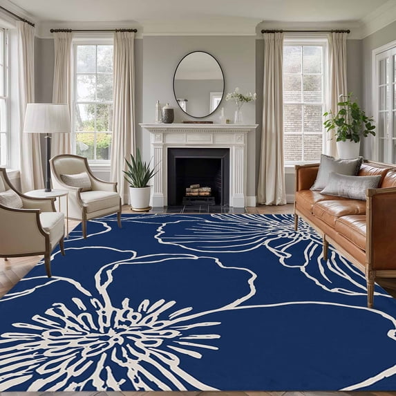 Large Area Rugs for Living Room Bedroom, Blue Flowers 6'x9' Rug Washable Carpet Runner Indoor Outdoor, Spring Floral Botanical Modern Art Non Slip Floor Mats Rug for Kitchen, Playroom