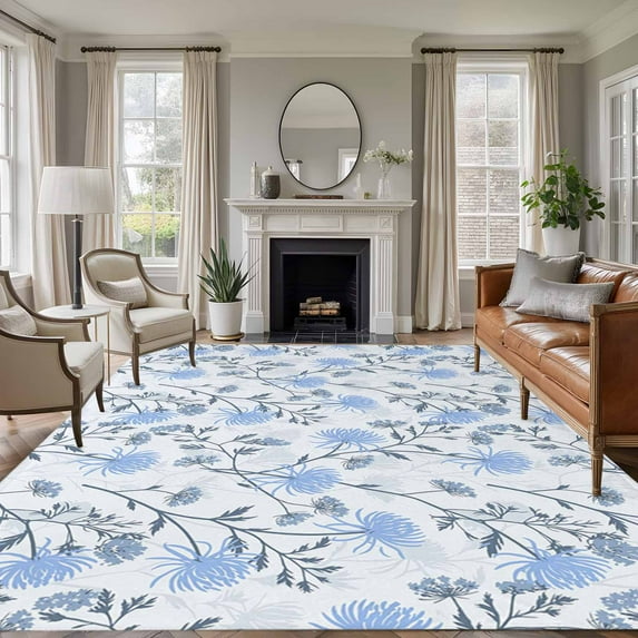 Large Area Rugs for Living Room Bedroom, Blue Spring Floral 6'x9' Rug Washable Carpet Runner Indoor Outdoor, Flowers Leaves Pastoral Botanical Non Slip Floor Mats Rug for Kitchen, Playroom