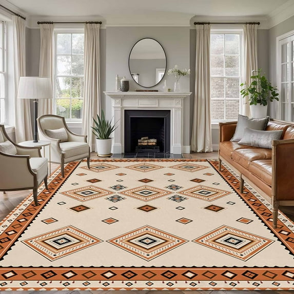 Large Area Rugs for Living Room Bedroom, Boho Geometric 8'x10' Rug Washable Carpet Runner Indoor Outdoor, Country Ethnic Nation Abstract Motifs Non Slip Floor Mats Rug for Kitchen, Patio