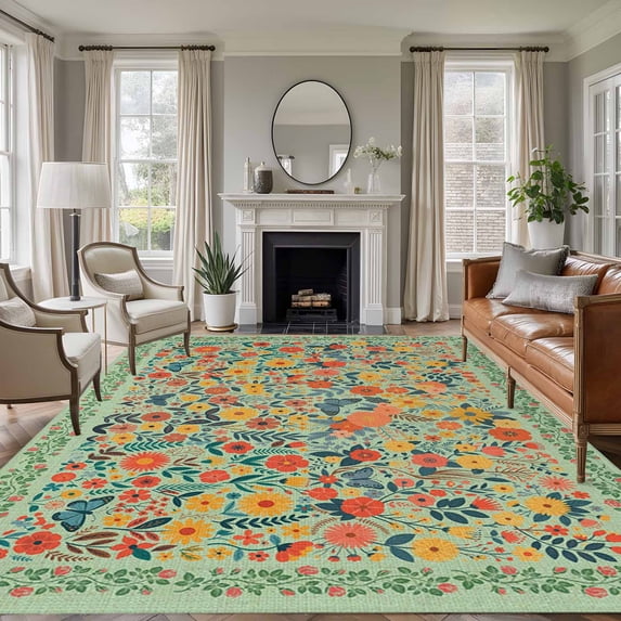 Large Area Rugs for Living Room Bedroom, Boho Green Flowers 8'x10' Rug Washable Carpet Runner Indoor Outdoor, Spring Abstract Watercolor Floral Leaf Non Slip Floor Mats Rug for Kitchen, Patio