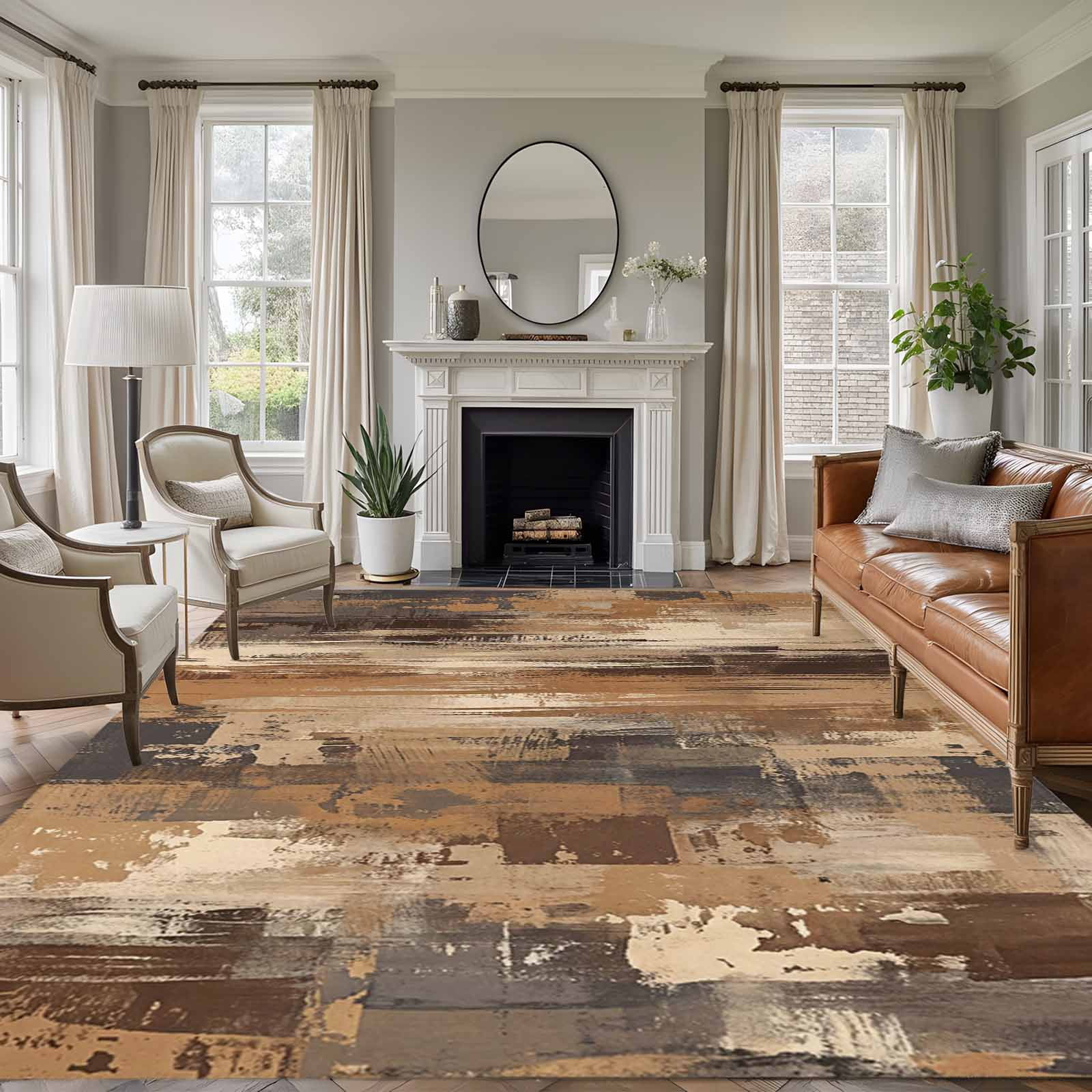 Large Area Rugs for Living Room Bedroom, Brown Abstract 8'x10' Rug Washable Carpet Runner Indoor Outdoor, Vintage Geometric Gradient Oil Painting Modern Non Slip Floor Mats Rug for Kitchen, Patio