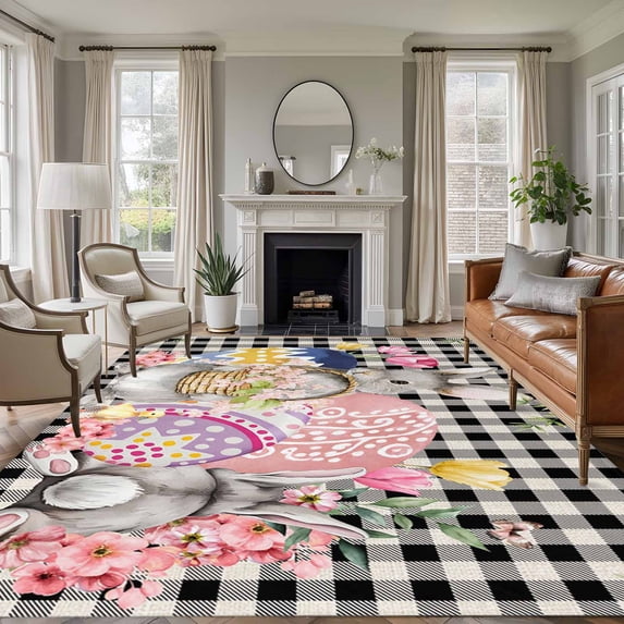 Large Area Rugs for Living Room Bedroom, Bunny Easter 8'x10' Rug Washable Carpet Runner Indoor Outdoor, Eggs Plaid Spring Floral Black White Farmhouse Non Slip Floor Mats Rug for Kitchen, Patio