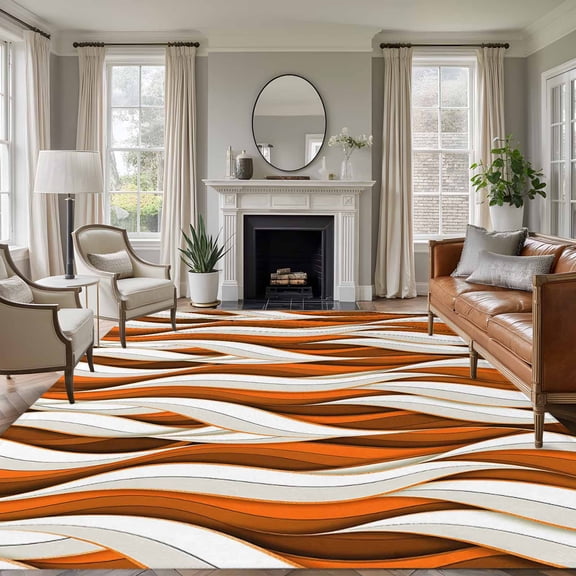 Large Area Rugs for Living Room Bedroom, Burnt Orange White Moire 8'x10' Rug Washable Carpet Runner Indoor Outdoor, Modern Abstract Art Non Slip Floor Mats Rug for Kitchen, Patio