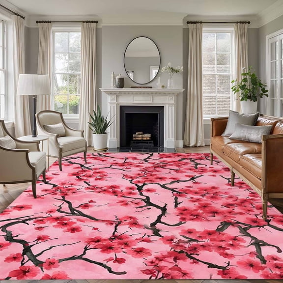 Large Area Rugs for Living Room Bedroom, Chinese Flowers 6'x9' Rug Washable Carpet Runner Indoor Outdoor, Spring Pink Peach Blossoms Floral Non Slip Floor Mats Rug for Kitchen, Playroom