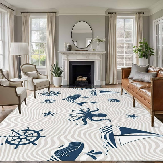 Large Area Rugs for Living Room Bedroom, Coastal Nautical 8'x10' Rug Washable Carpet Runner Indoor Outdoor, Summer Ocean Octopus Starfish Grey Wave Non Slip Floor Mats Rug for Kitchen, Patio