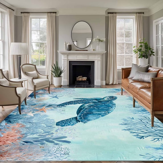 Large Area Rugs for Living Room Bedroom, Coastal Turtle Blue 8'x10' Rug Washable Carpet Runner Indoor Outdoor, Summer Beach Nautical Coral Starfish Non Slip Floor Mats Rug for Kitchen, Patio