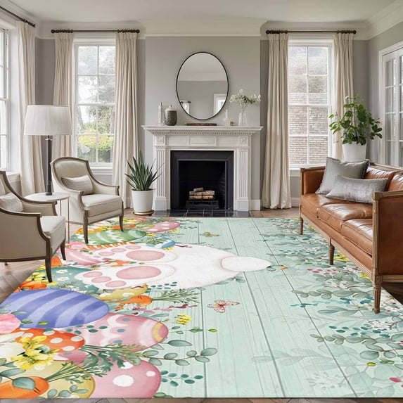 Large Area Rugs for Living Room Bedroom, Cute Easter Bunny 6'x9' Rug Washable Carpet Runner Indoor Outdoor, Eucalyptus Leaves Colorful Eggs Teal Wooden Non Slip Floor Mats Rug for Kitchen, Playroom