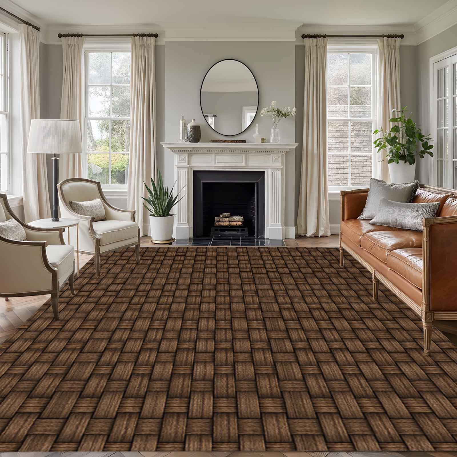 Large Area Rugs for Living Room Bedroom, Dark Brown Rattan 6'x9' Rug Washable Carpet Runner Indoor Outdoor, Vintage Abstract Wicker Texture Non Slip Floor Mats Rug for Kitchen, Playroom