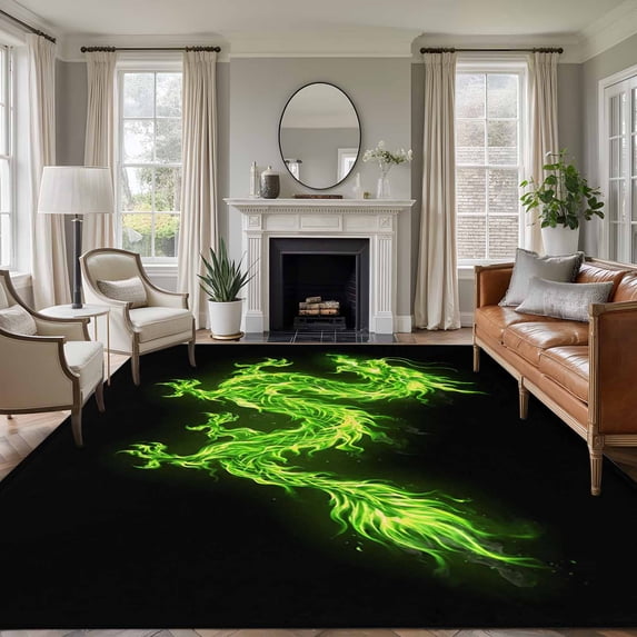 Large Area Rugs for Living Room Bedroom, Dragon Flames 5'x8' Rug Washable Carpet Runner Indoor Outdoor, Green Dragons Abstract Modern Art Non Slip Floor Mats Rug for Kitchen, Bathroom