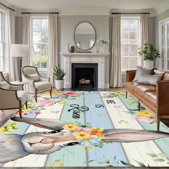 Large Area Rugs for Living Room Bedroom, Easter 5'x8' Rug Washable Carpet Runner Indoor Outdoor, Spring Farmhouse Bunny Flower Teal Blue Wood Grain Non Slip Floor Mats Rug for Kitchen, Bathroom
