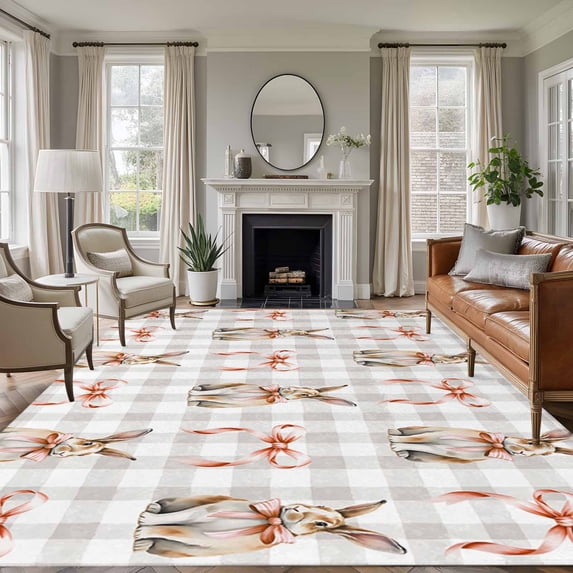 Large Area Rugs for Living Room Bedroom, Easter 5'x8' Rug Washable Carpet Runner Indoor Outdoor, Spring Pink Bow Bunny Grey White Checkered Non Slip Floor Mats Rug for Kitchen, Bathroom