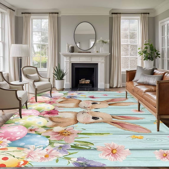 Large Area Rugs for Living Room Bedroom, Easter 6'x9' Rug Washable Carpet Runner Indoor Outdoor, Spring Rabbit Colorful Eggs Flowers Wooden Grain Non Slip Floor Mats Rug for Kitchen, Playroom