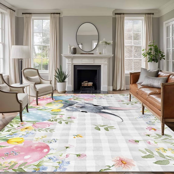Large Area Rugs for Living Room Bedroom, Easter 6'x9' Rug Washable Carpet Runner Indoor Outdoor, Spring Rabbit Eggs Flowers Leaves Grey Plaid Non Slip Floor Mats Rug for Kitchen, Playroom