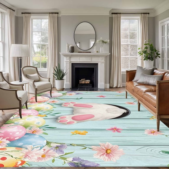 Large Area Rugs for Living Room Bedroom, Easter 6'x9' Rug Washable Carpet Runner Indoor Outdoor, Spring Rabbit Feet Eggs Flower Green Wooden Grain Non Slip Floor Mats Rug for Kitchen, Playroom
