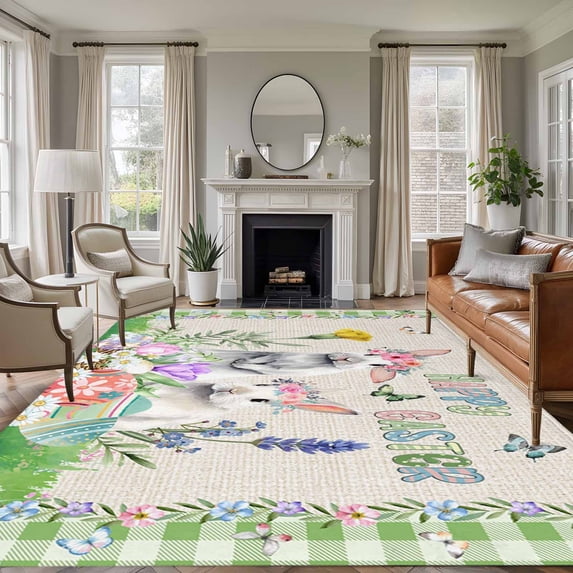 Large Area Rugs for Living Room Bedroom, Easter 6'x9' Rug Washable Carpet Runner Indoor Outdoor, Spring Rustic Rabbit Botanical Flowers Eggs Plaid Non Slip Floor Mats Rug for Kitchen, Playroom