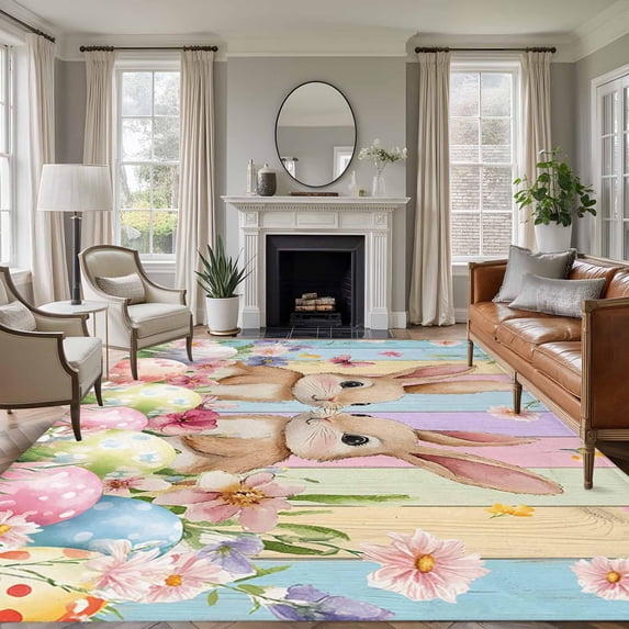 Large Area Rugs for Living Room Bedroom, Easter 8'x10' Rug Washable Carpet Runner Indoor Outdoor, Spring Bunny Eggs Botanical Floral Wooden Grain Non Slip Floor Mats Rug for Kitchen, Patio