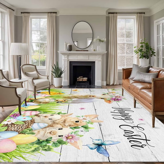 Large Area Rugs for Living Room Bedroom, Easter 8'x10' Rug Washable Carpet Runner Indoor Outdoor, Spring Sheep Bunny Duck Plants Wooden Grain Non Slip Floor Mats Rug for Kitchen, Patio