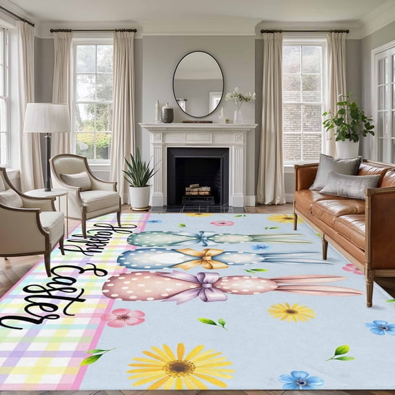 Large Area Rugs for Living Room Bedroom, Easter Bunny 5'x8' Rug Washable Carpet Runner Indoor Outdoor, Spring Watercolor Polka Dot Flower Plaid Blue Non Slip Floor Mats Rug for Kitchen, Bathroom