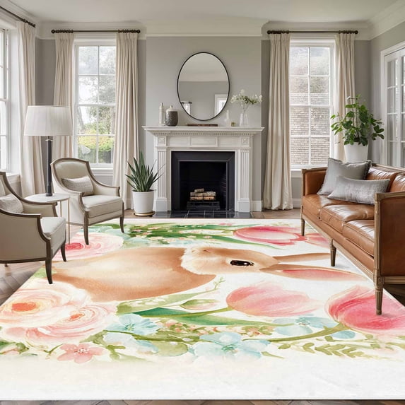 Large Area Rugs for Living Room Bedroom, Easter Bunny 6'x9' Rug Washable Carpet Runner Indoor Outdoor, Pink Tulip Flowers Spring Leaves Rustic Botanical Non Slip Floor Mats Rug for Kitchen, Playroom