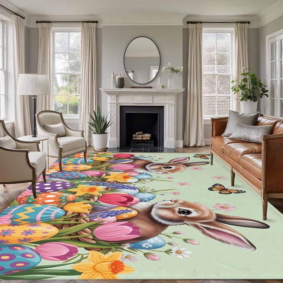 Large Area Rugs for Living Room Bedroom, Easter Bunny 8'x10' Rug Washable Carpet Runner Indoor Outdoor, Colorful Eggs Spring Tulips Flower Green Non Slip Floor Mats Rug for Kitchen, Patio
