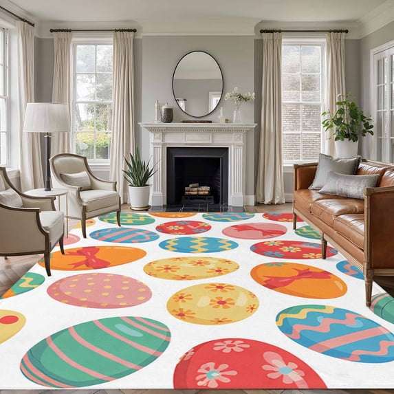 Large Area Rugs for Living Room Bedroom, Easter Eggs 8'x10' Rug Washable Carpet Runner Indoor Outdoor, Spring Colorful Striped Dots Bow Egg Watercolor Non Slip Floor Mats Rug for Kitchen, Patio