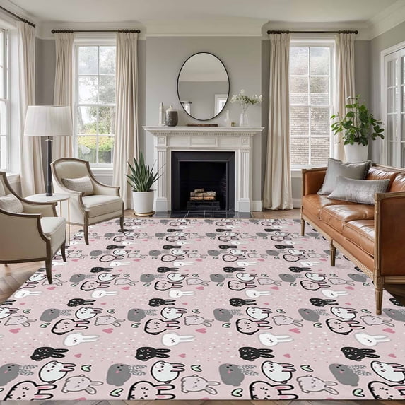 Large Area Rugs for Living Room Bedroom, Easter Rabbit 5'x8' Rug Washable Carpet Runner Indoor Outdoor, Cartoon Cute Bunny Sketch on Pink Non Slip Floor Mats Rug for Kitchen, Bathroom