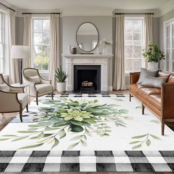 Large Area Rugs for Living Room Bedroom, Eucalyptus Leaf 5'x8' Rug Washable Carpet Runner Indoor Outdoor, Farmhouse Buffalo Plaid Green Botanical Non Slip Floor Mats Rug for Kitchen, Bathroom