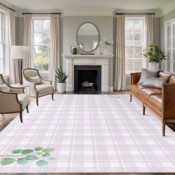 Large Area Rugs for Living Room Bedroom, Eucalyptus Leaves 5'x8' Rug Washable Carpet Runner Indoor Outdoor, Pink Plaid Summer Botanical Non Slip Floor Mats Rug for Kitchen, Bathroom