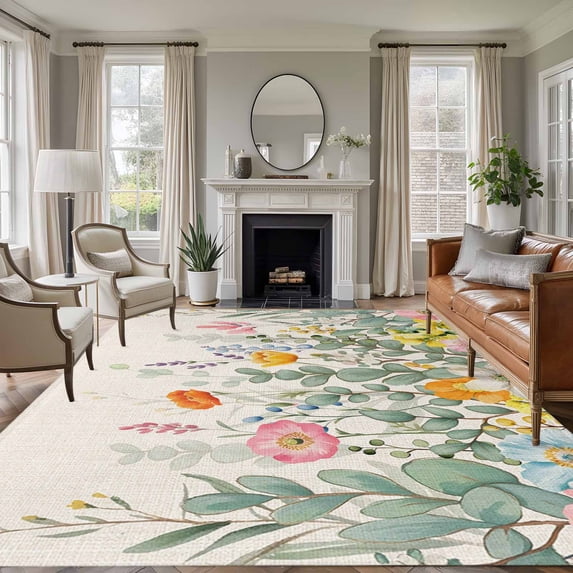 Large Area Rugs for Living Room Bedroom, Eucalyptus Leaves Floral 5'x8' Rug Washable Carpet Runner Indoor Outdoor, Spring Rustic Botanical Flowers Non Slip Floor Mats Rug for Kitchen, Bathroom