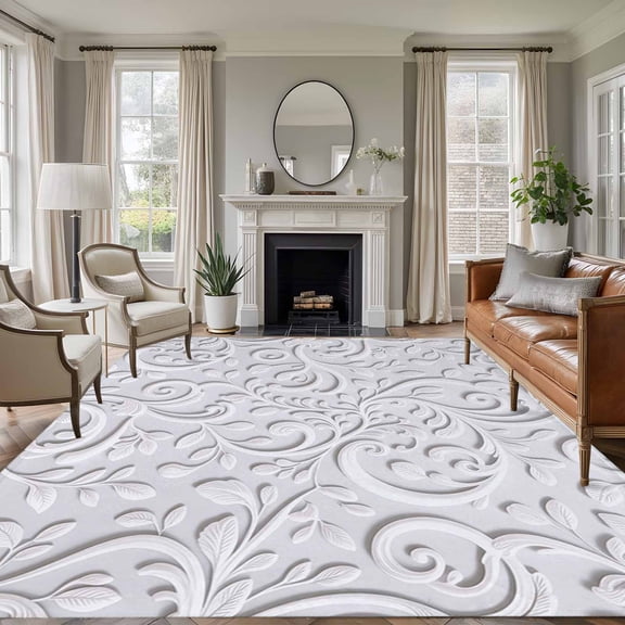 Large Area Rugs for Living Room Bedroom, Floral Patterns 6'x9' Rug Washable Carpet Runner Indoor Outdoor, Silver White Flowers Leaves Aesthetic Non Slip Floor Mats Rug for Kitchen, Playroom