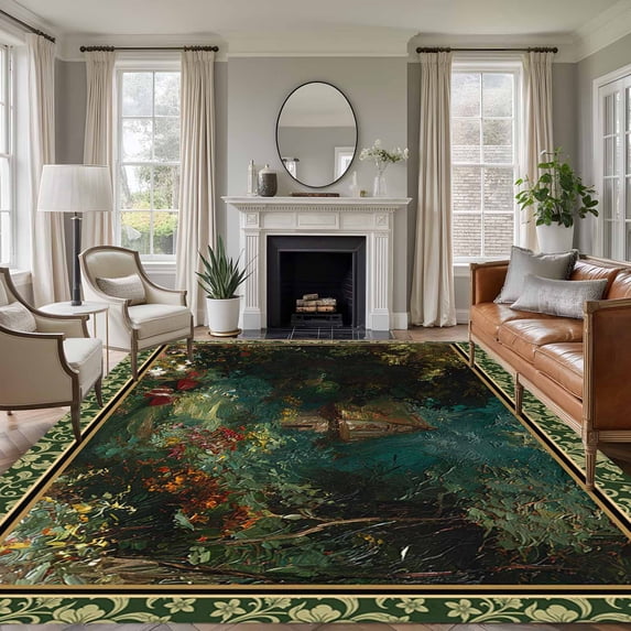 Large Area Rugs for Living Room Bedroom, Forest 5'x8' Rug Washable Carpet Runner Indoor Outdoor, Spring Oil Painting Country Cabin Trees Flower Non Slip Floor Mats Rug for Kitchen, Bathroom