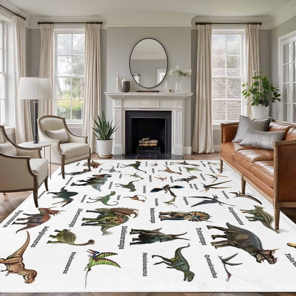 Large Area Rugs for Living Room Bedroom, Funny Dinosaurs 5'x8' Rug Washable Carpet Runner Indoor Outdoor, Primitive Natural Wild Animals Names Non Slip Floor Mats Rug for Kitchen, Bathroom
